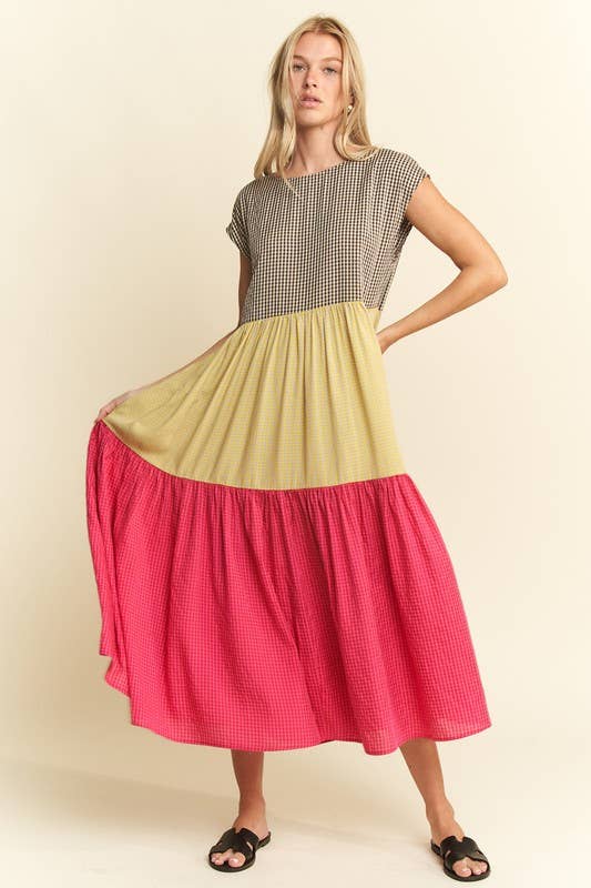 PLAID COLOR BLOCK MIDI DRESS