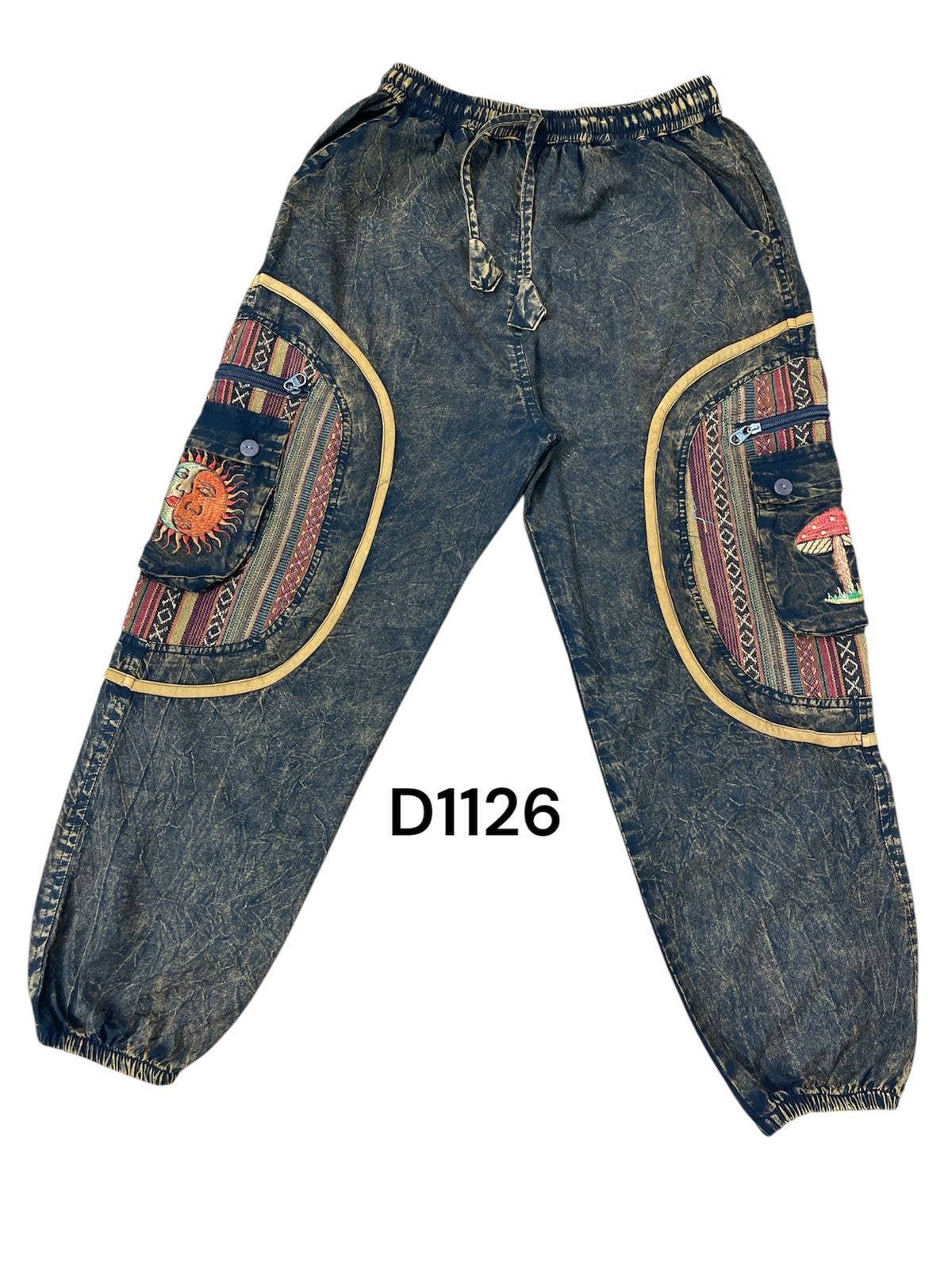 Cotton Stonewash Denim Sun Moon Mushroom Cargo Pant D1126