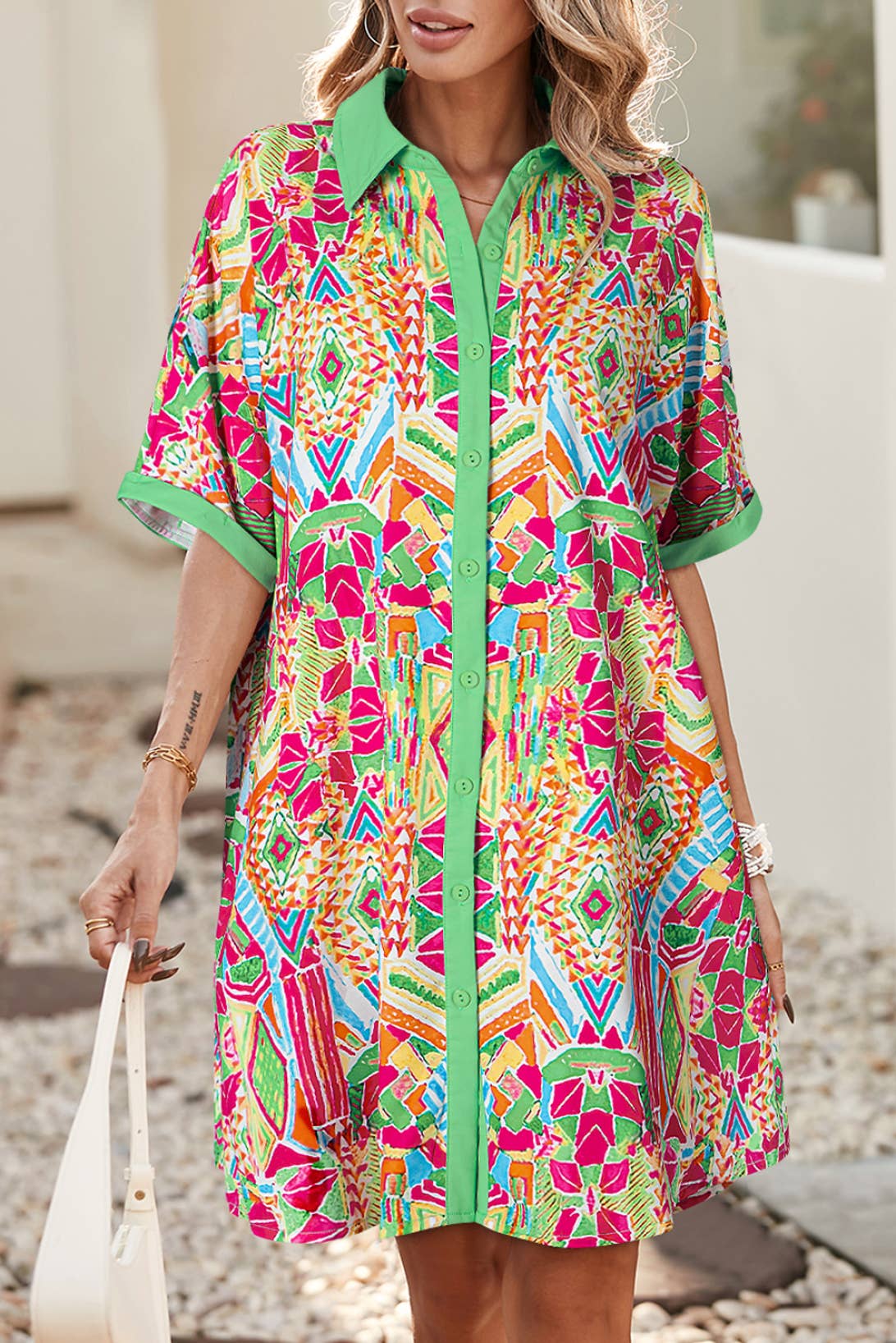 LDC Geometric Print Contrast Short Sleeve Shirt Dress