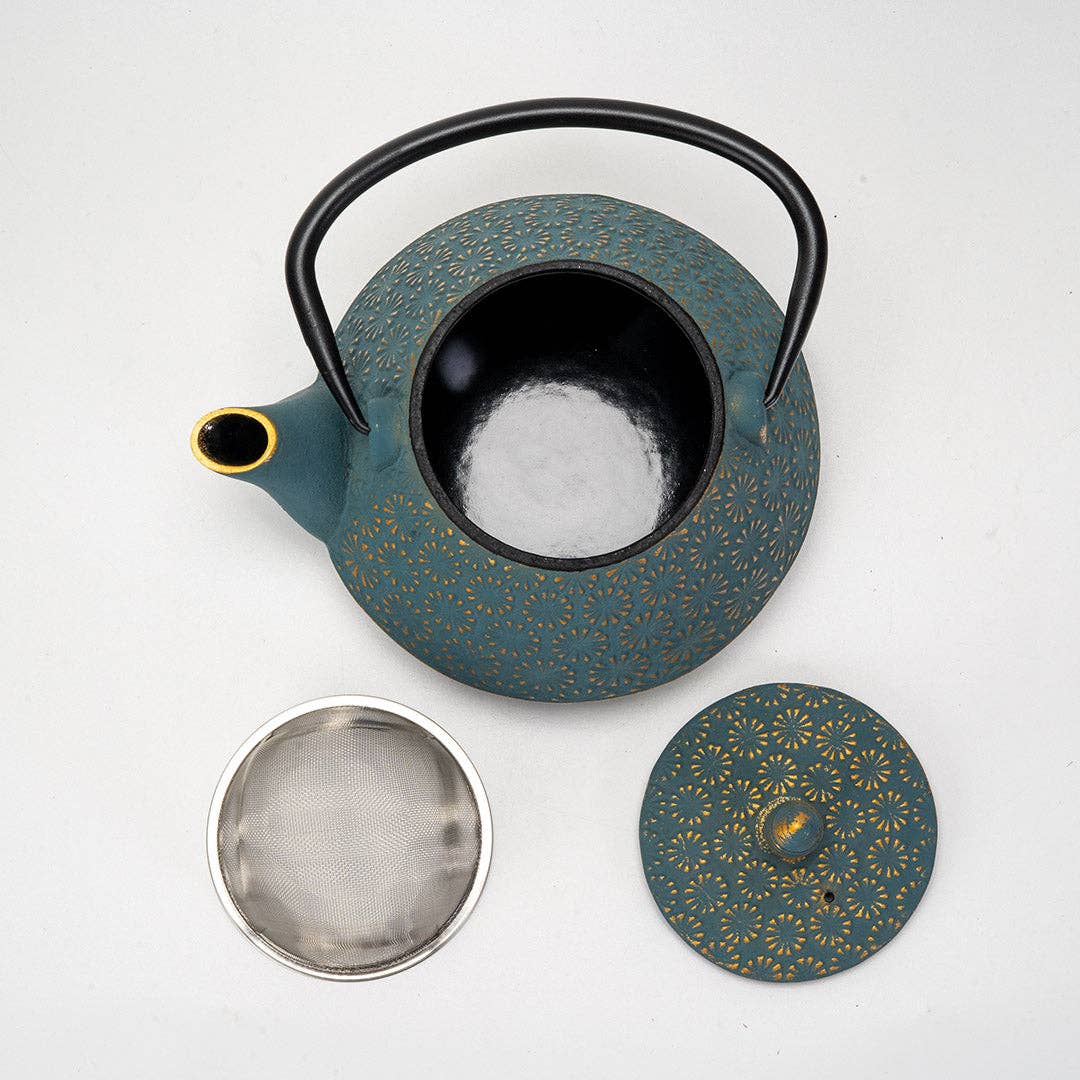 Teal Blue Plum Flower 32oz Cast Iron Tea Pot (1/8)