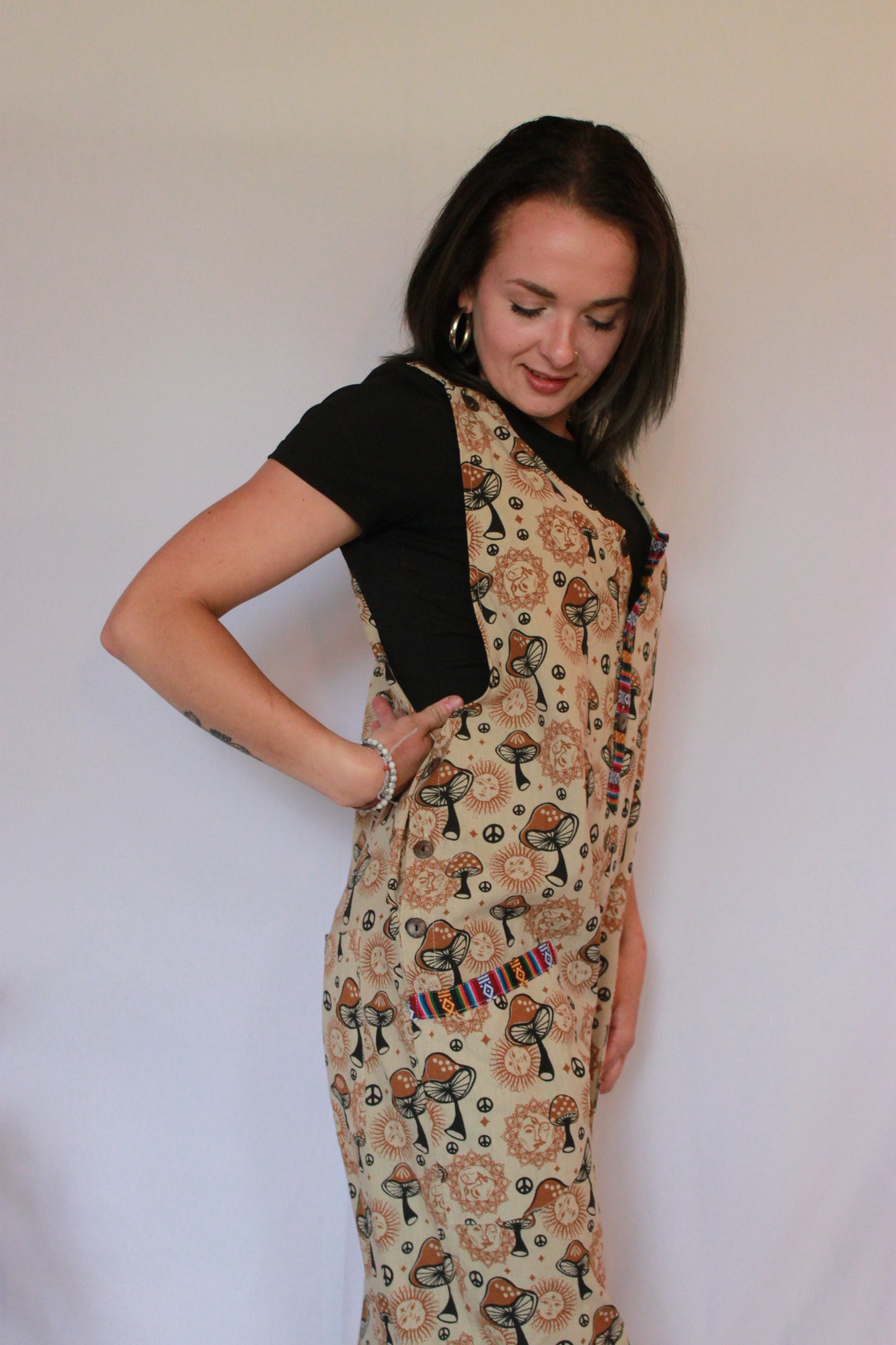 Cotton Color Trim Casual Sun Moon Mushroom Jumpsuit