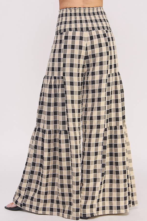 HIGH SMOCKED WAIST GINGHAM PRINT WIDE LEG PANTS