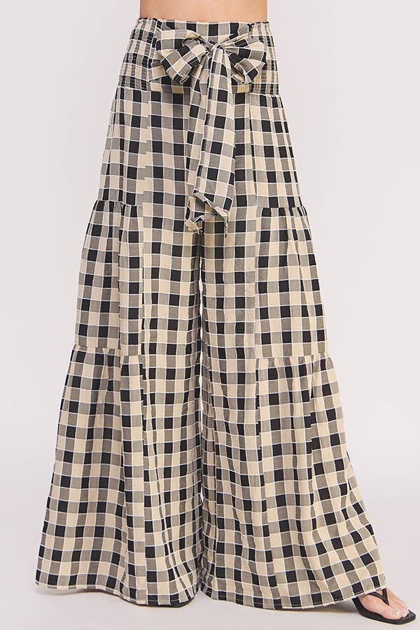 HIGH SMOCKED WAIST GINGHAM PRINT WIDE LEG PANTS