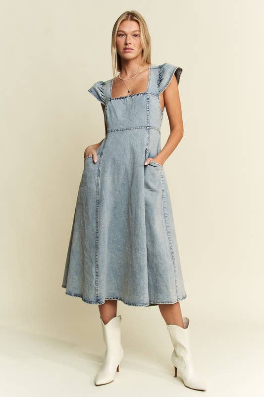 RUFFLED DENIM MIDI DRESS