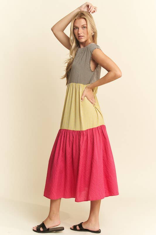PLAID COLOR BLOCK MIDI DRESS