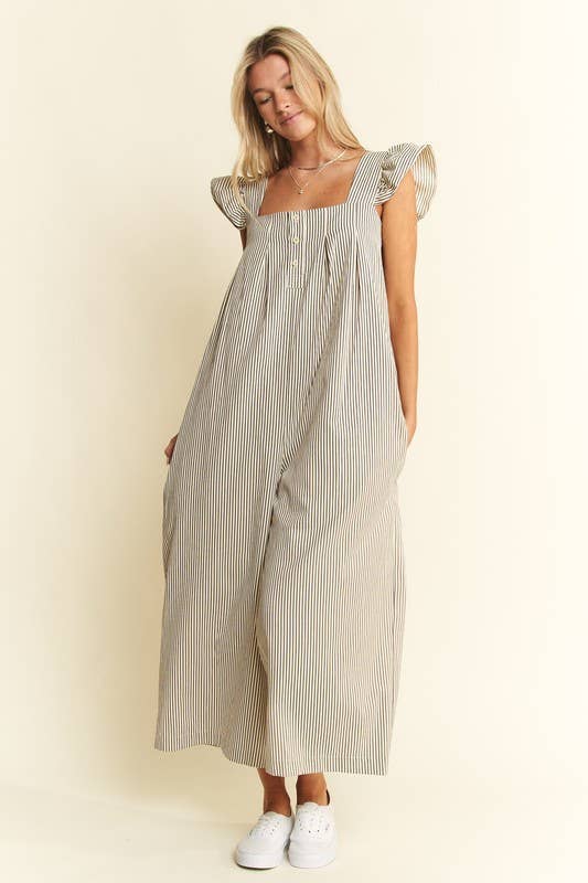 STRIPE SLEEVELESS RUFFLE JUMPSUIT