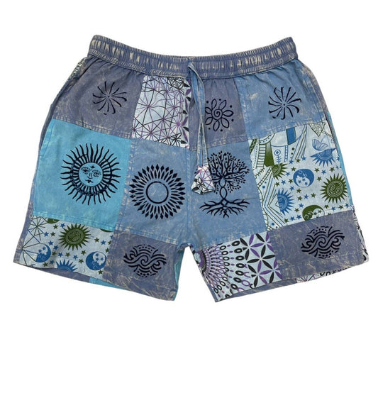 Cotton Blue Multi Patchwork Block Print Sky Short D1551