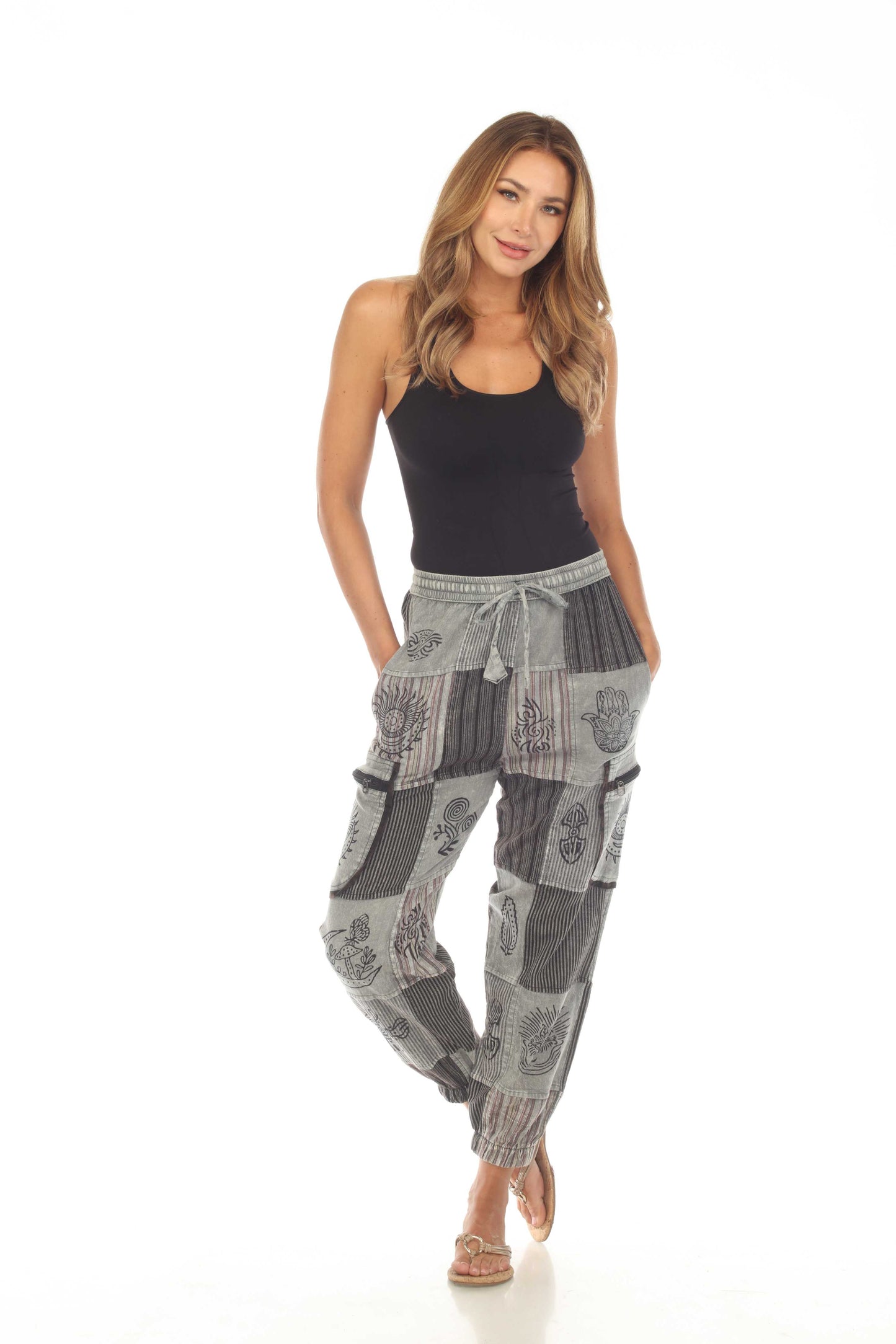 Cotton Zip Pocket Block Print Earth Tone Yoga Pant D898