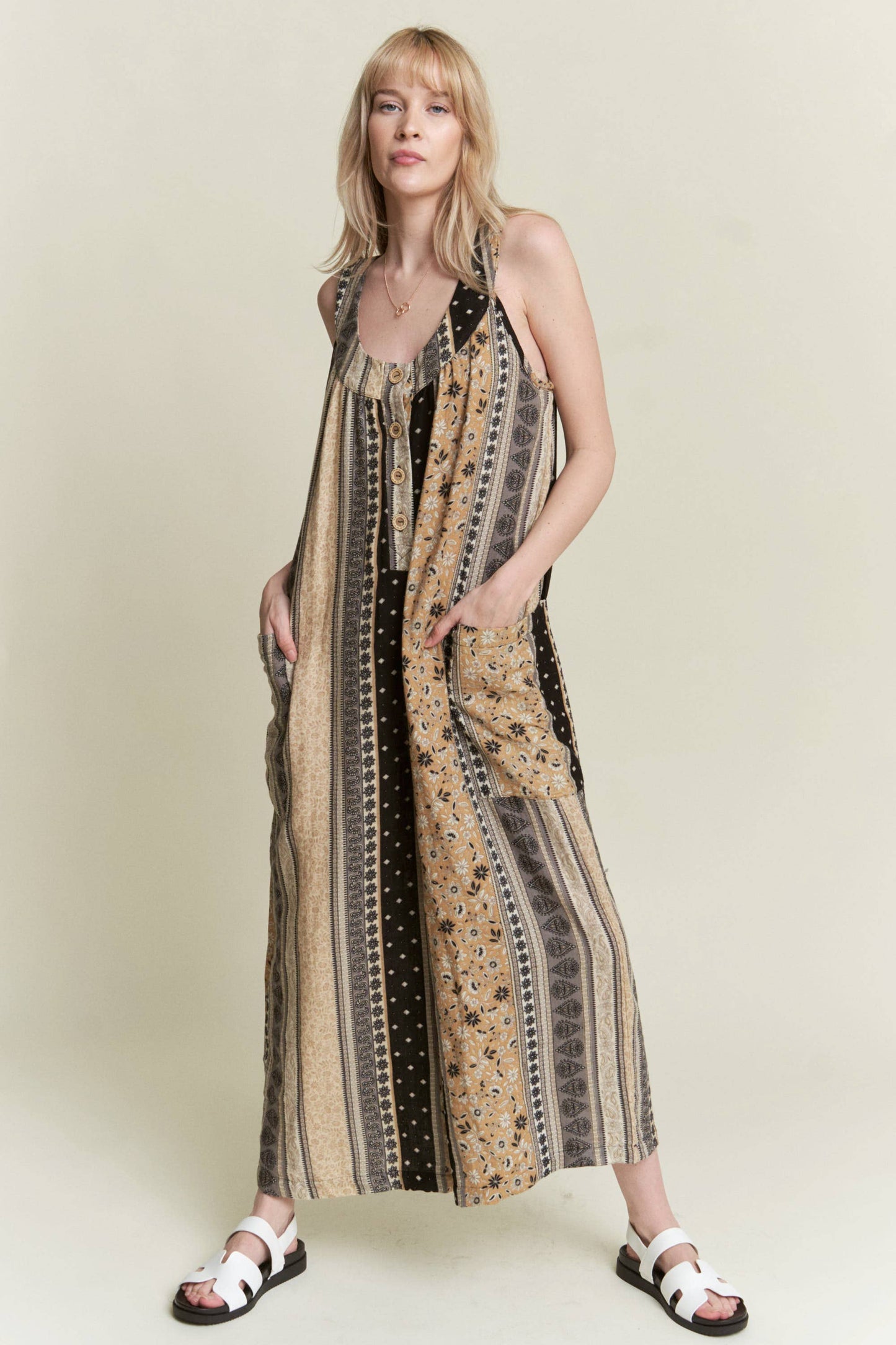 SLEEVELESS COLOR BLOCK FLORAL PRINT STRAIGHT LEG JUMPSUIT