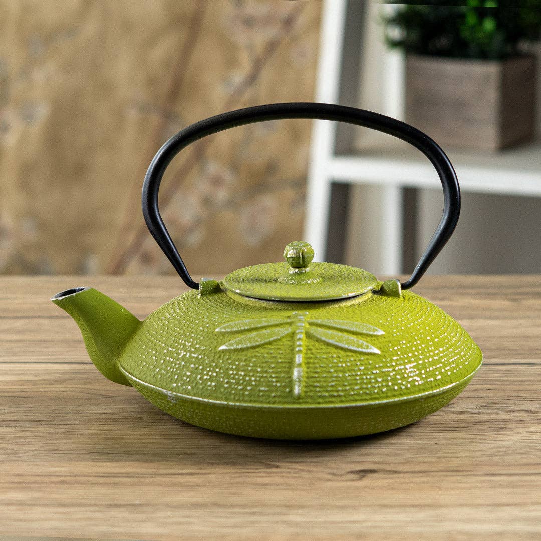 Green Dragonfly Design 37oz Cast Iron Tea Pot (1/8)