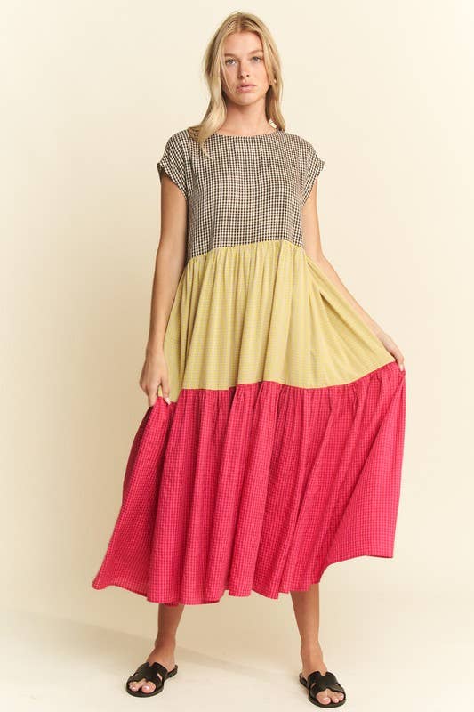 PLAID COLOR BLOCK MIDI DRESS
