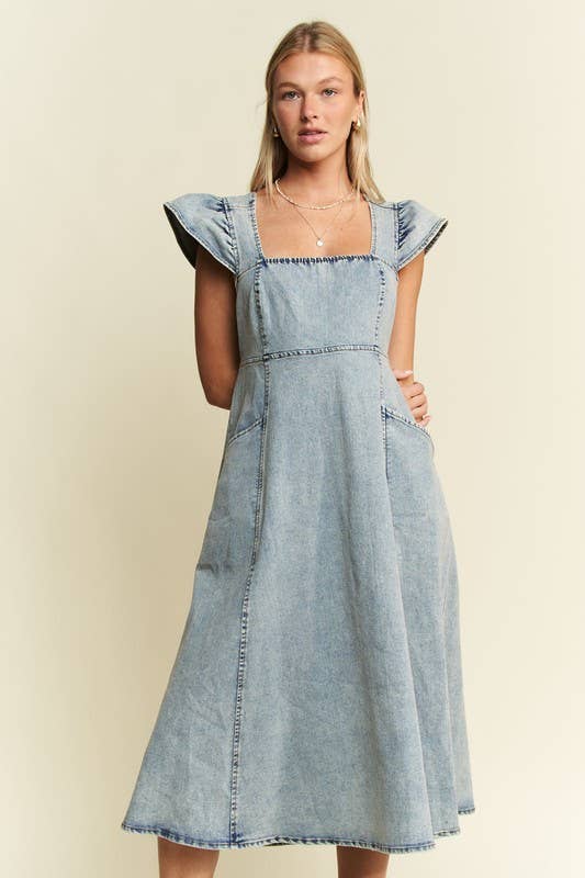 RUFFLED DENIM MIDI DRESS