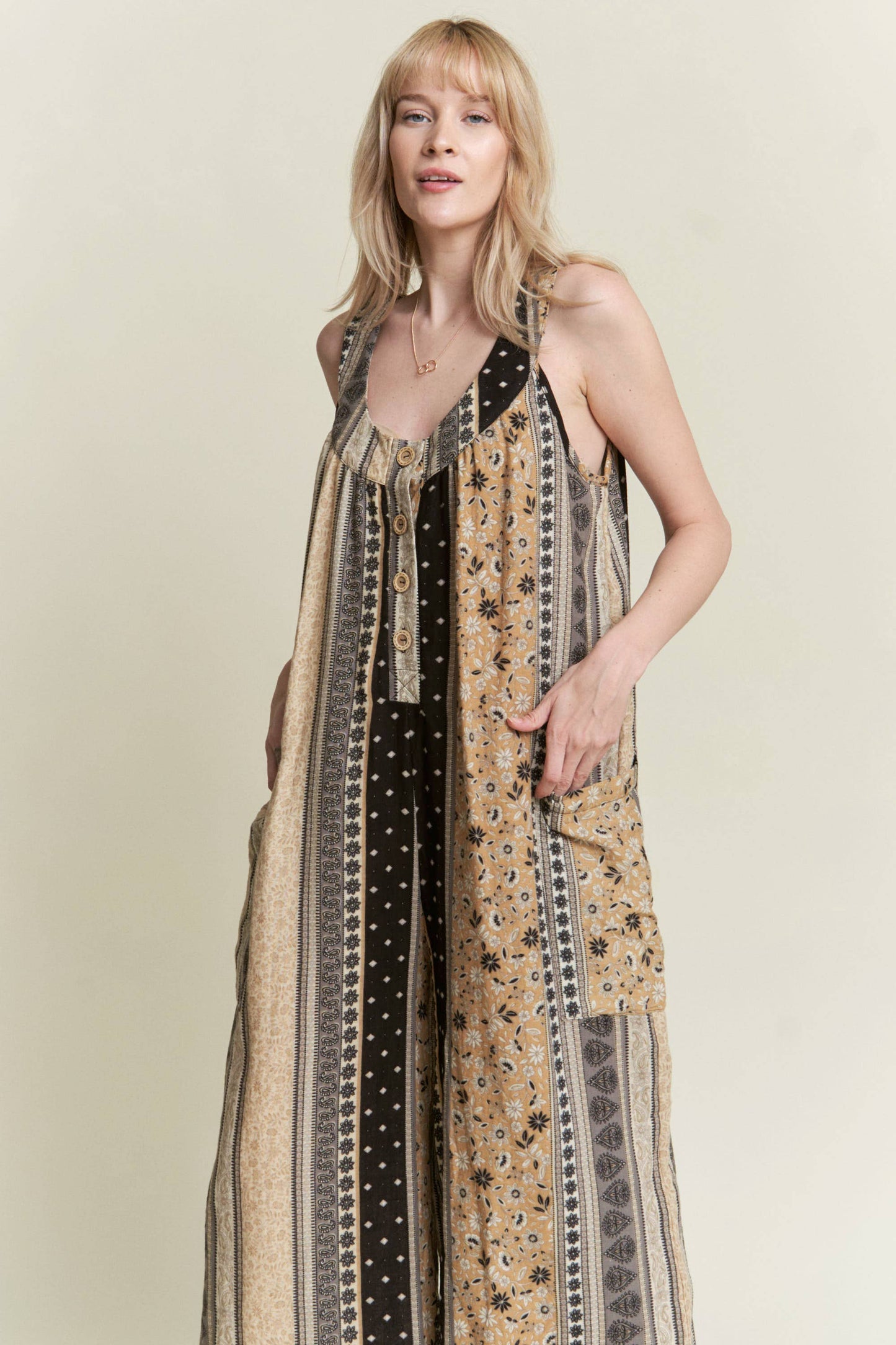 SLEEVELESS COLOR BLOCK FLORAL PRINT STRAIGHT LEG JUMPSUIT