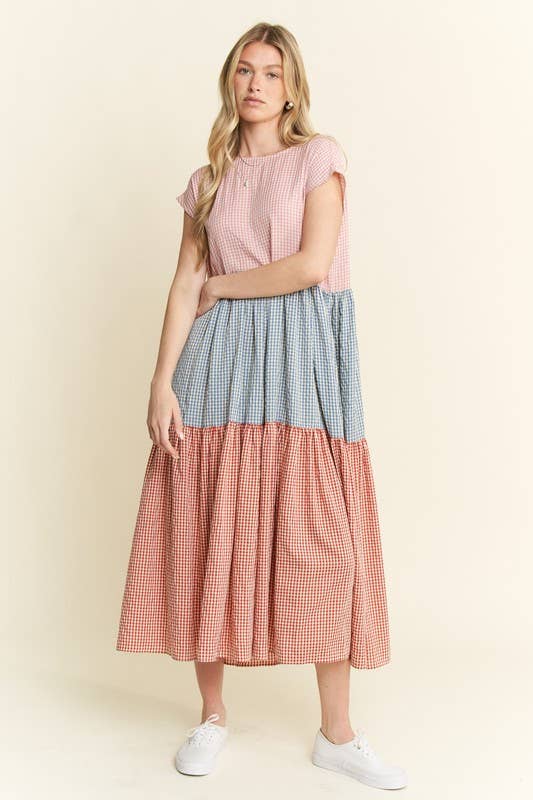 PLAID COLOR BLOCK MIDI DRESS