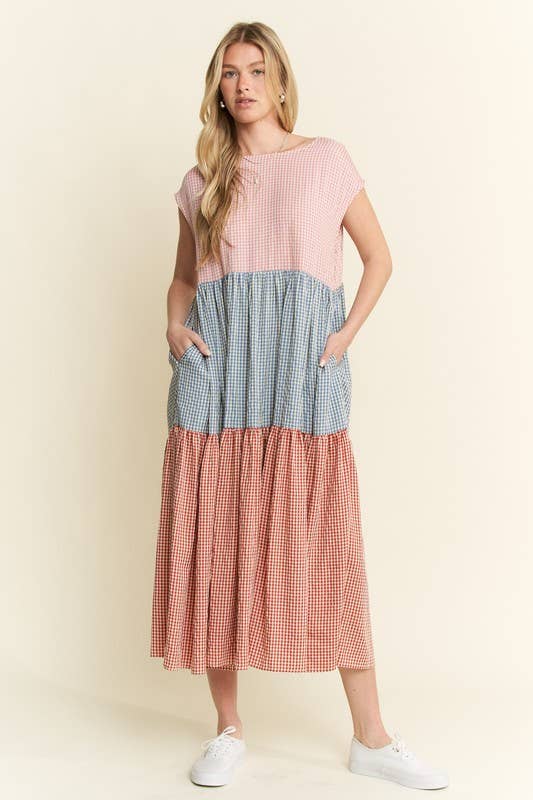 PLAID COLOR BLOCK MIDI DRESS