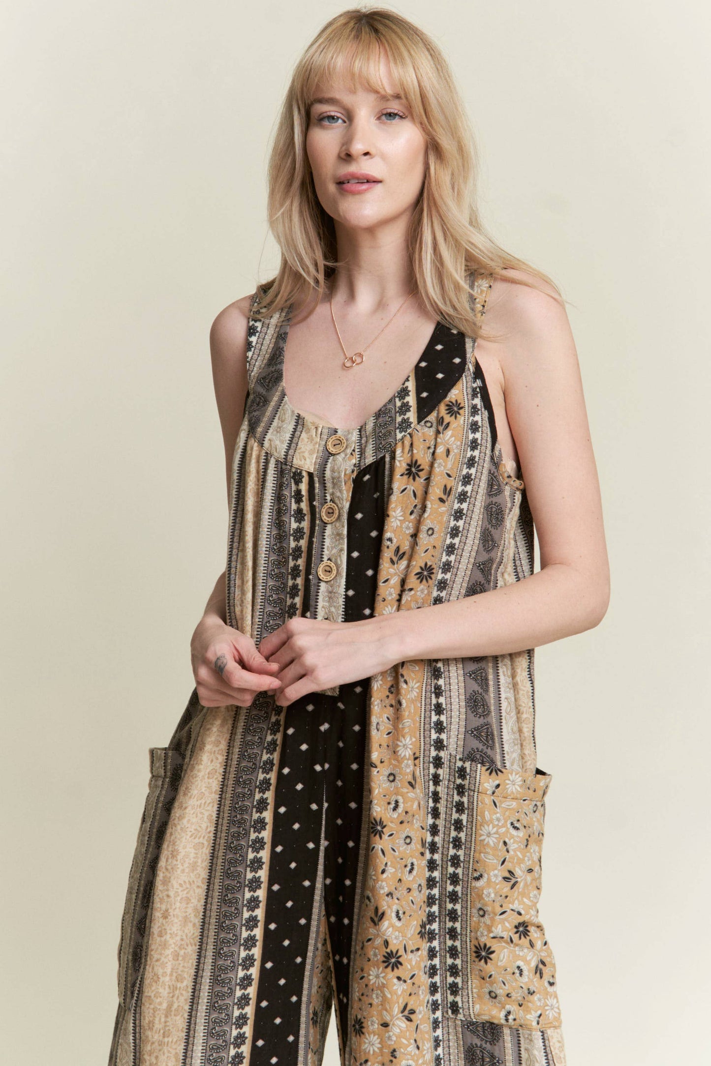 SLEEVELESS COLOR BLOCK FLORAL PRINT STRAIGHT LEG JUMPSUIT