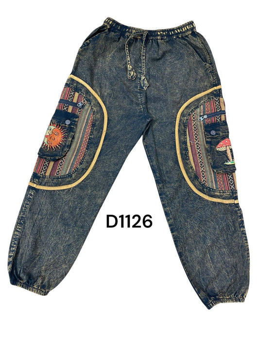 Cotton Stonewash Denim Sun Moon Mushroom Cargo Pant D1126