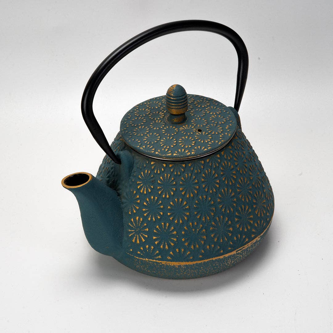 Teal Blue Plum Flower 32oz Cast Iron Tea Pot (1/8)