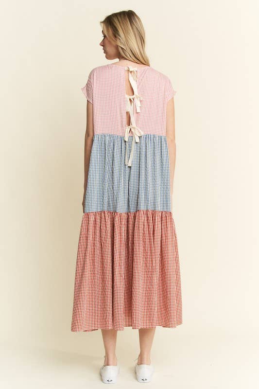 PLAID COLOR BLOCK MIDI DRESS