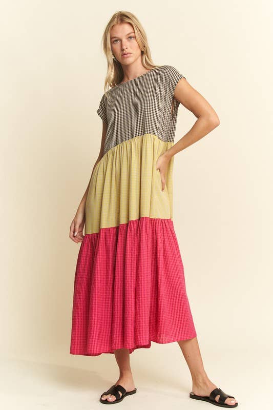 PLAID COLOR BLOCK MIDI DRESS