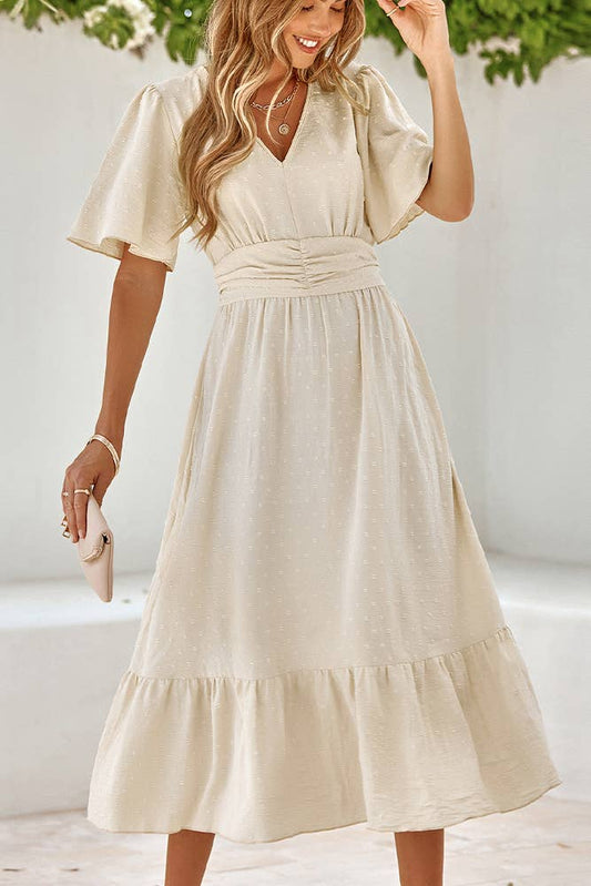 Swiss Dot V Neck Ruffle Sleeves Dress SN160