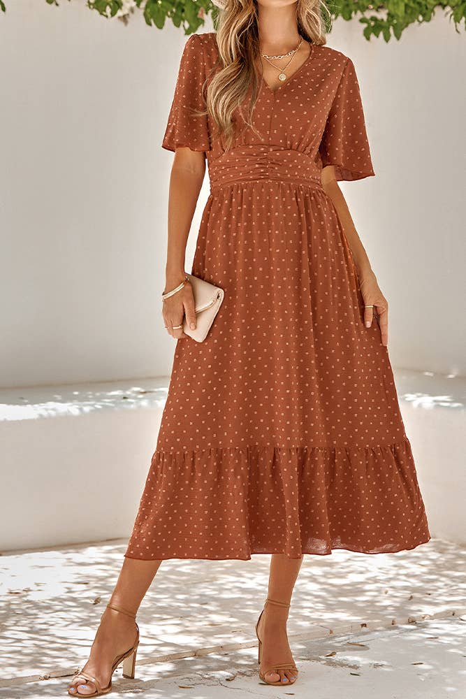 Swiss Dot V Neck Ruffle Sleeves Dress SN160