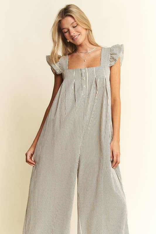 STRIPE SLEEVELESS RUFFLE JUMPSUIT