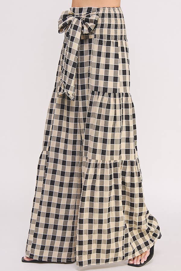 HIGH SMOCKED WAIST GINGHAM PRINT WIDE LEG PANTS