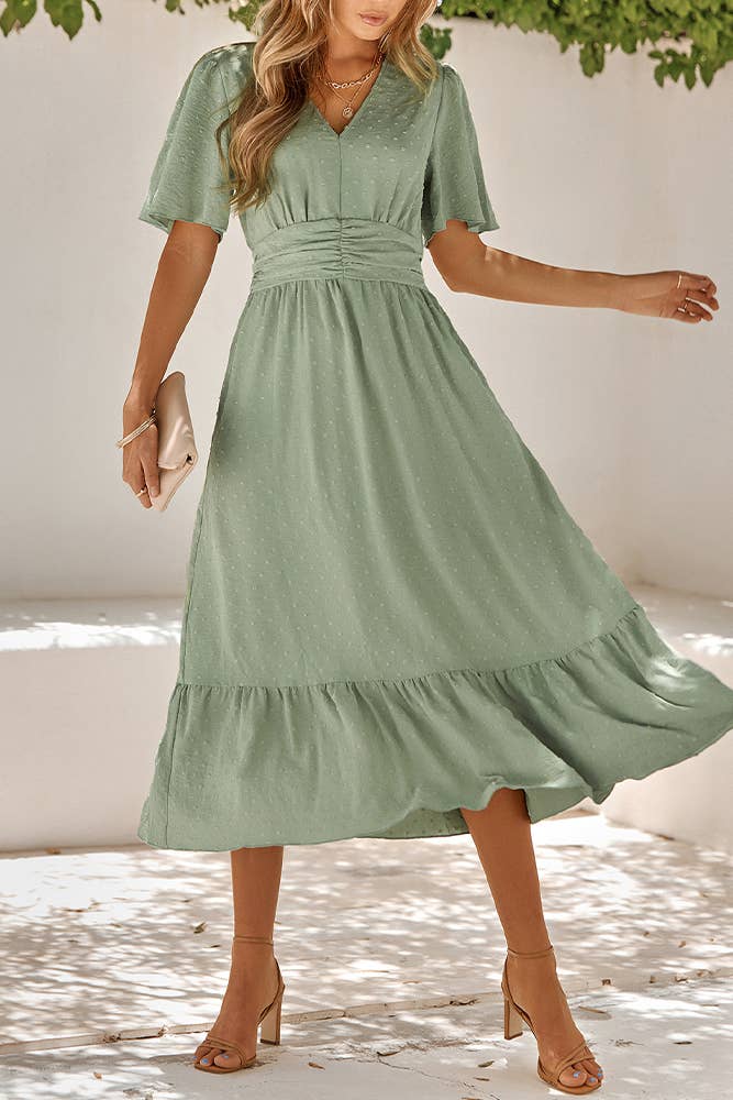 Swiss Dot V Neck Ruffle Sleeves Dress SN160