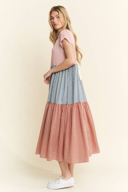 PLAID COLOR BLOCK MIDI DRESS