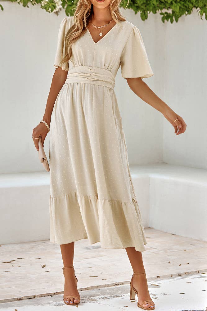 Swiss Dot V Neck Ruffle Sleeves Dress SN160