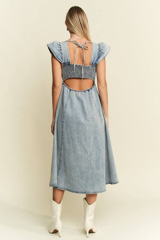 RUFFLED DENIM MIDI DRESS