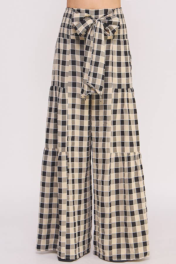 HIGH SMOCKED WAIST GINGHAM PRINT WIDE LEG PANTS