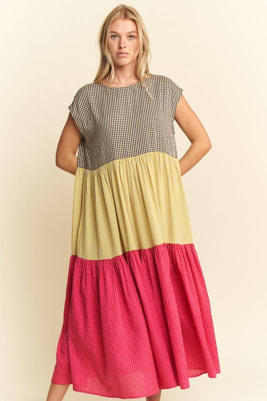 PLAID COLOR BLOCK MIDI DRESS