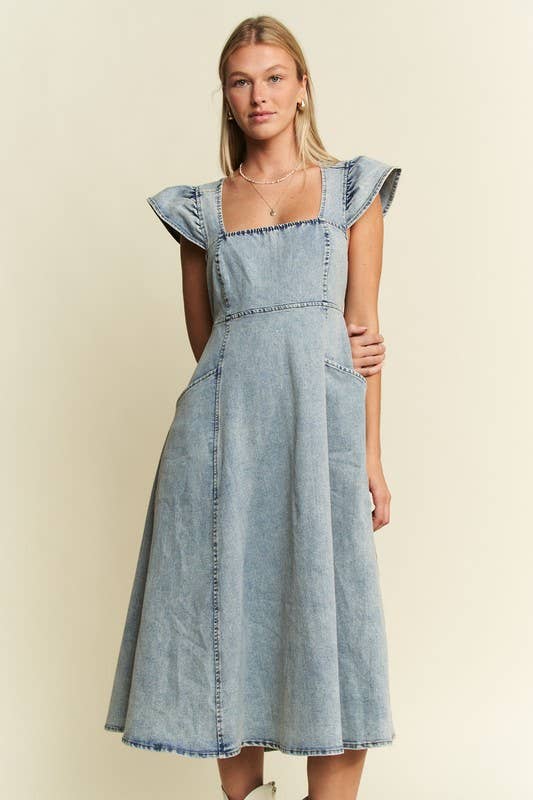 RUFFLED DENIM MIDI DRESS