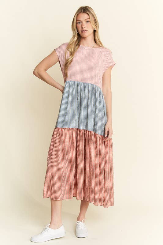 PLAID COLOR BLOCK MIDI DRESS