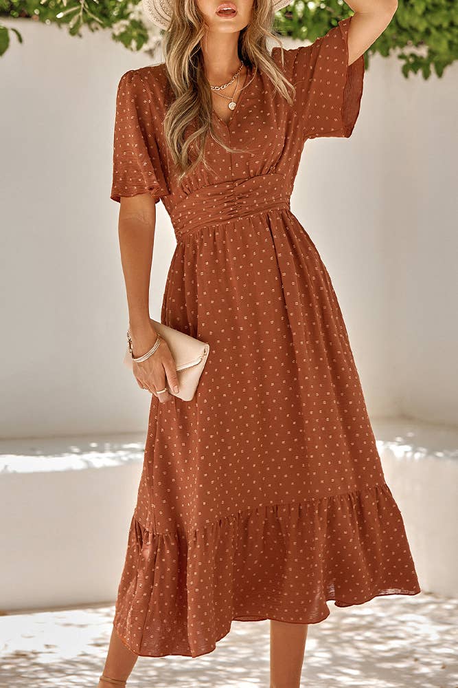 Swiss Dot V Neck Ruffle Sleeves Dress SN160
