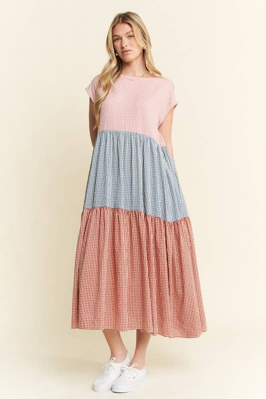 PLAID COLOR BLOCK MIDI DRESS