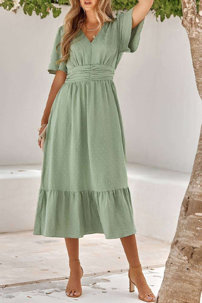 Swiss Dot V Neck Ruffle Sleeves Dress SN160