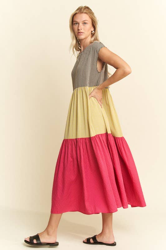 PLAID COLOR BLOCK MIDI DRESS