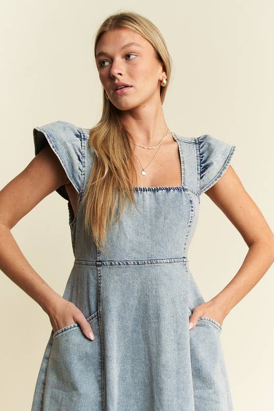 RUFFLED DENIM MIDI DRESS