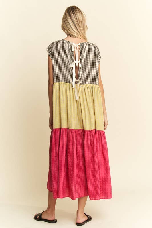 PLAID COLOR BLOCK MIDI DRESS