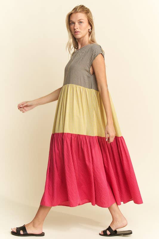 PLAID COLOR BLOCK MIDI DRESS