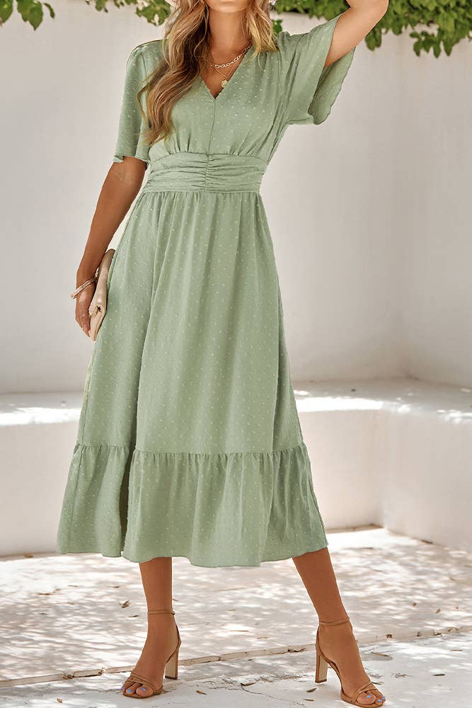 Swiss Dot V Neck Ruffle Sleeves Dress SN160