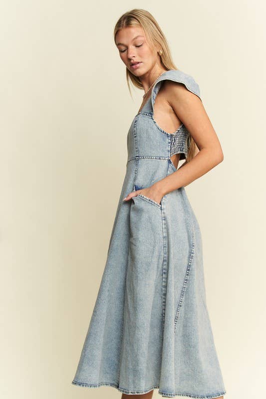 RUFFLED DENIM MIDI DRESS