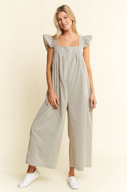 STRIPE SLEEVELESS RUFFLE JUMPSUIT