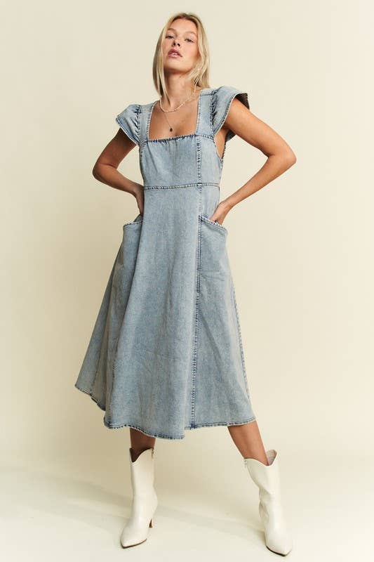 RUFFLED DENIM MIDI DRESS