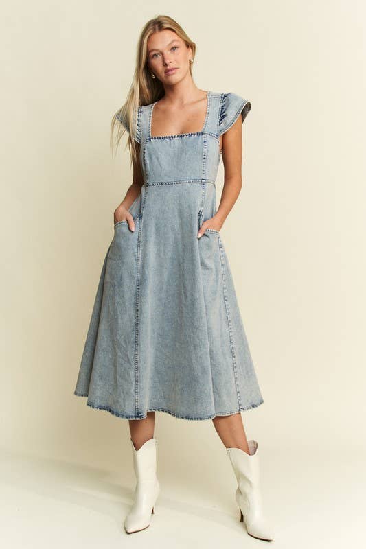 RUFFLED DENIM MIDI DRESS