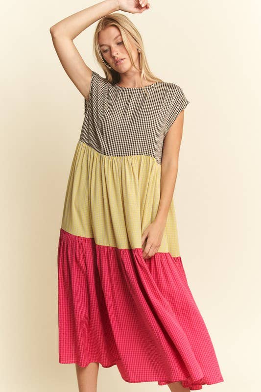 PLAID COLOR BLOCK MIDI DRESS