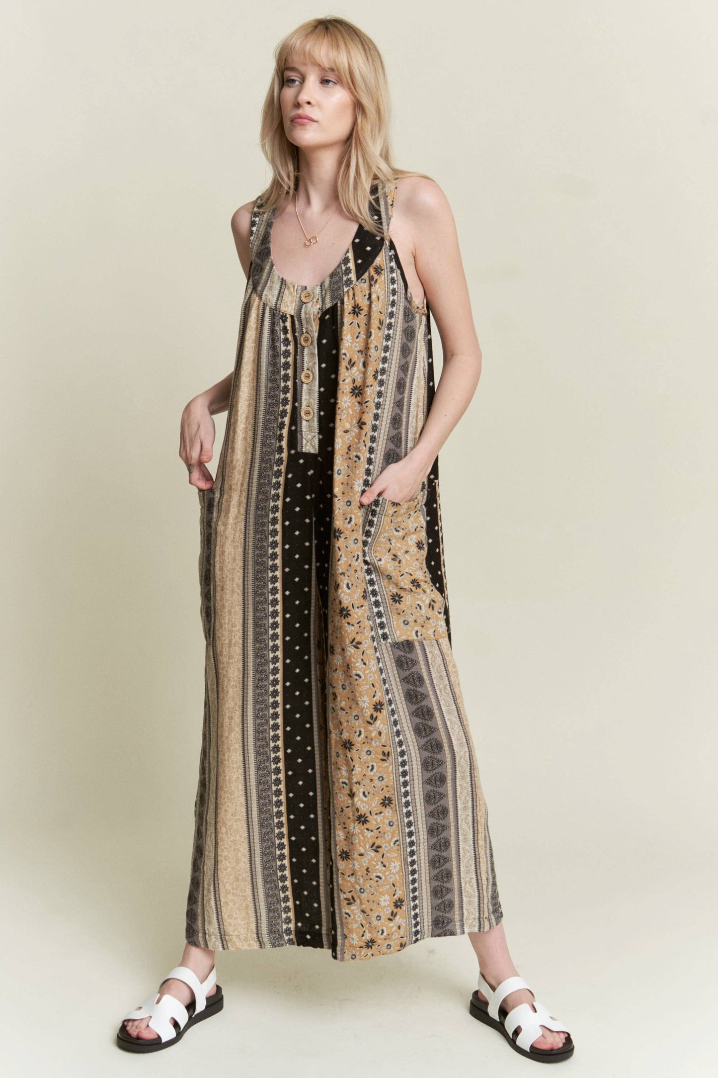 SLEEVELESS COLOR BLOCK FLORAL PRINT STRAIGHT LEG JUMPSUIT